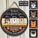 Pawzity Bar Signs, Gifts For Cat Lovers, Catio Bar & Grill Proudly Serving Whatever You Brought Custom Wooden Signs , Cat Mom Gifts