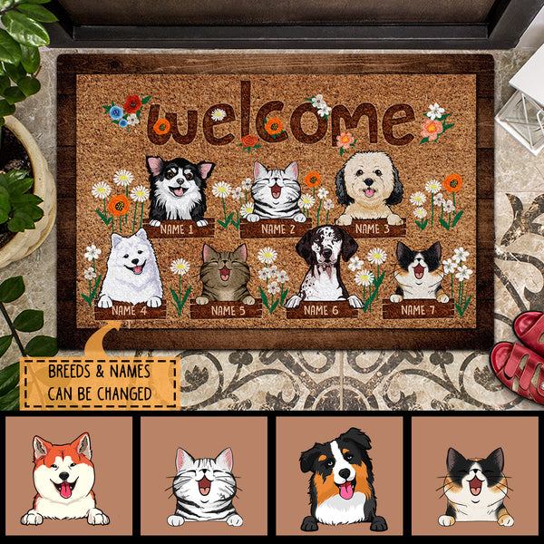Pawzity Outdoor Door Mat, Gifts For Dog Lovers, Welcome Dogs With Flowers Personalized Doormat