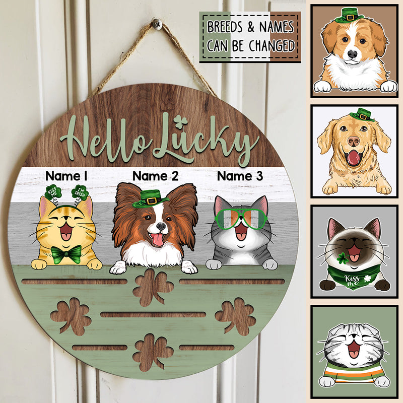 St. Patrick's Day Personalized Wood Sign, Gifts For Pet Lovers, Hello Lucky Front Door Decor