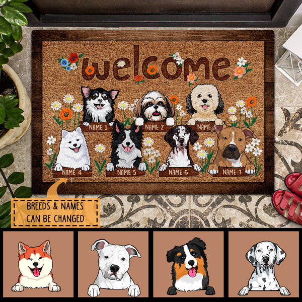 Pawzity Outdoor Door Mat, Gifts For Dog Lovers, Dogs With Flowers Personalized Doormat