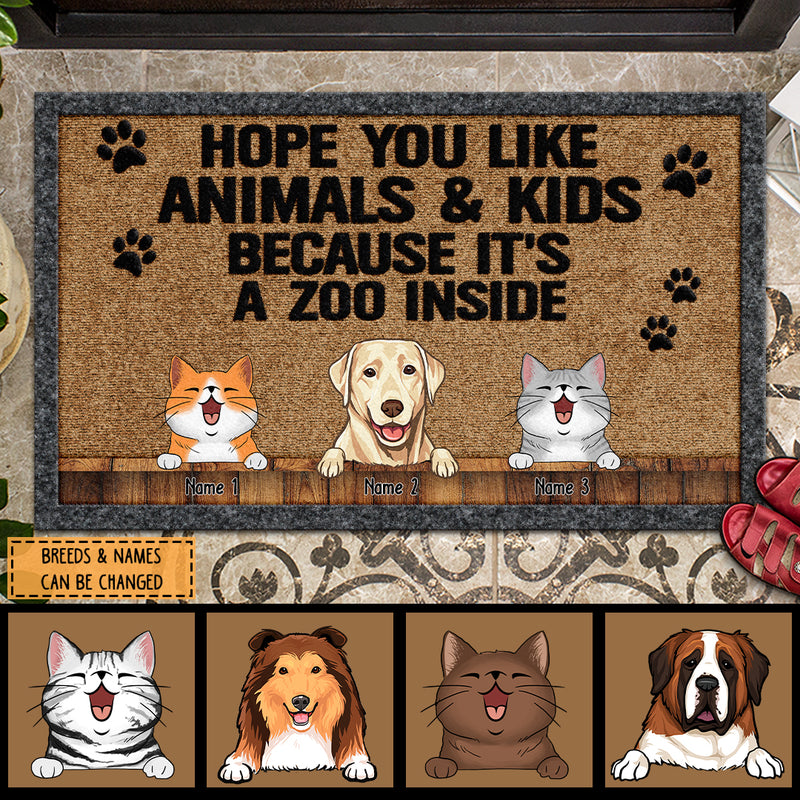 Pawzity Custom Doormat, Gifts For Pet Lovers, Hope You Like Animals And Kids Because It's A Zoo Inside Front Door Mat