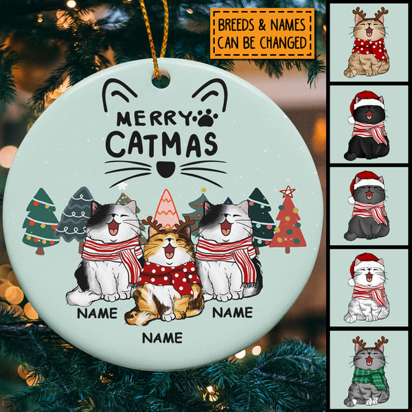 Merry Catmas, Cute Christmas Trees Circle Ceramic Ornament, Personalized Cat Breeds Ornament, Cat Lovers Gifts