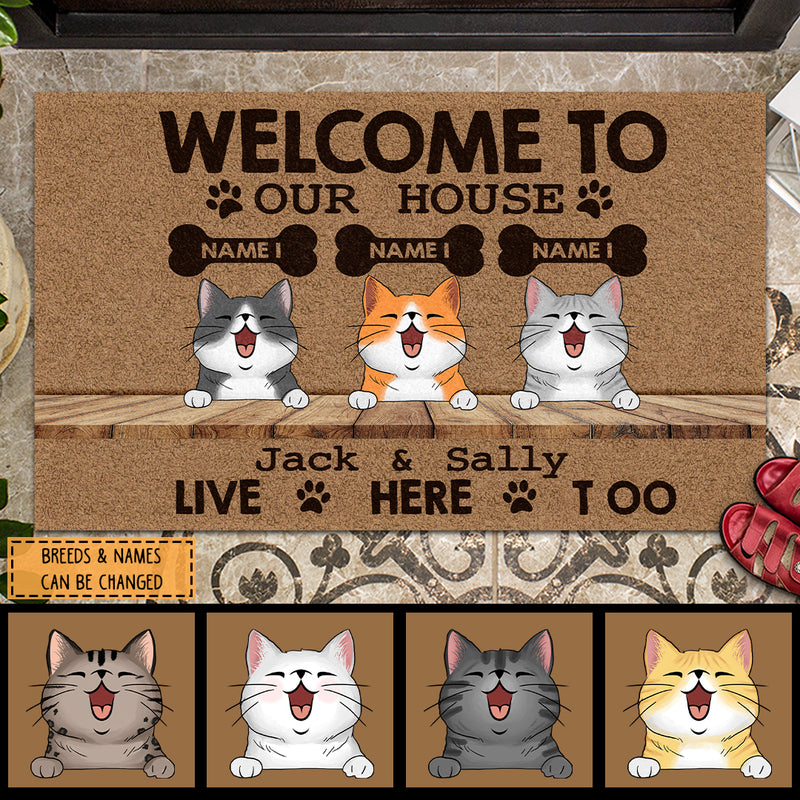 Pawzity Welcome To Our House Custom Doormat, Gifts For Cat Lovers, Our Owners Live Here Too Front Door Mat