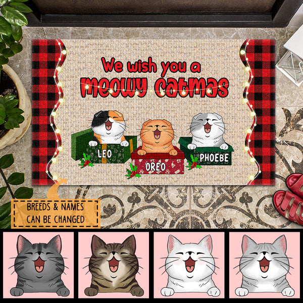 Christmas Personalized Doormat, Gifts For Cat Lovers, We Wish You A Meowy Catmas Buffalo Plaid Front Door Mat