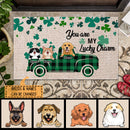 St. Patrick's Day Personalized Doormat, Gifts For Pet Lovers, Dog & Cat In Buffalo Plaid Truck Outdoor Door Mat