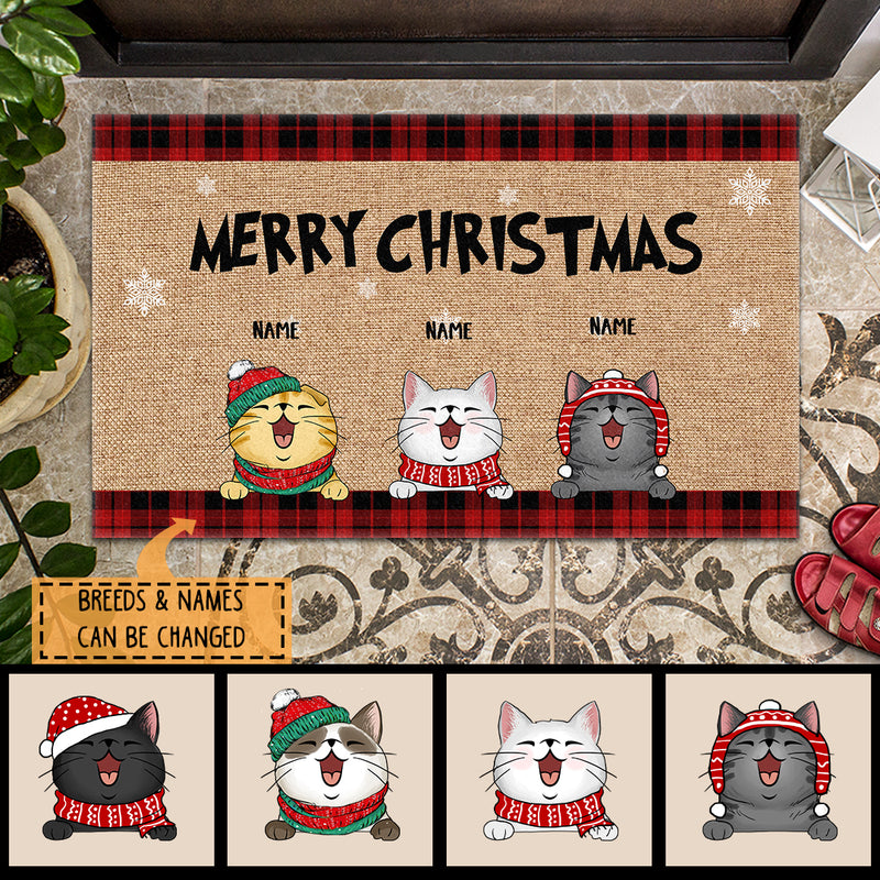 Christmas Personalized Doormat, Gifts For Cat Lovers, Merry Christmas Buffalo Plaid Front Door Mat