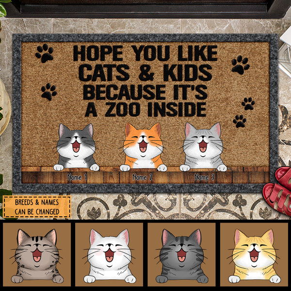 Pawzity Custom Doormat, Gifts For Cat Lovers, Hope You Like Cats And Kids Because It's A Zoo Inside Front Door Mat