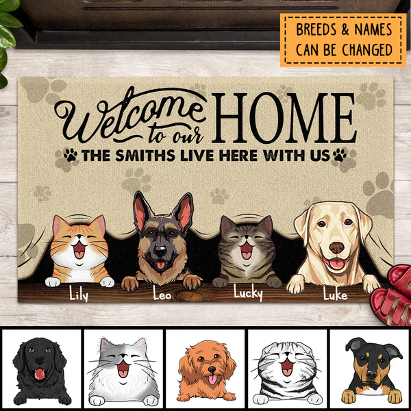 Pawzity Welcome To Our Home Welcome Mat, Gifts For Pet Lovers, Pet Peeking From Curtain Custom Doormat