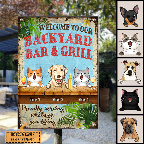 Pawzity Metal Backyard Bar & Grill Sign, Gifts For Pet Lovers, Proudly Serving Whatever You Bring Welcome Sign