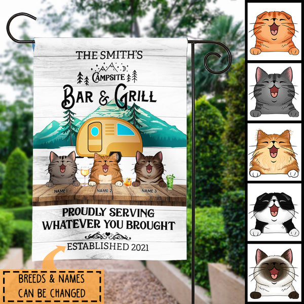 Campsite Bar & Grill Proudly Serving Whatever You Brought, Yellow Truck Camper, Personalized Cat Breeds Garden Flag
