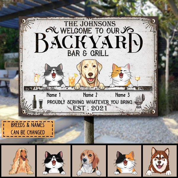 Pawzity Metal Backyard Bar & Grill Sign, Gifts For Pet Lovers, Proudly Serving Whatever You Bring Personalized Family Sign