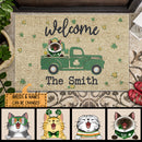 St. Patrick's Day Personalized Doormat, Gifts For Cat Lovers, Welcome Cats In Green Truck Outdoor Door Mat