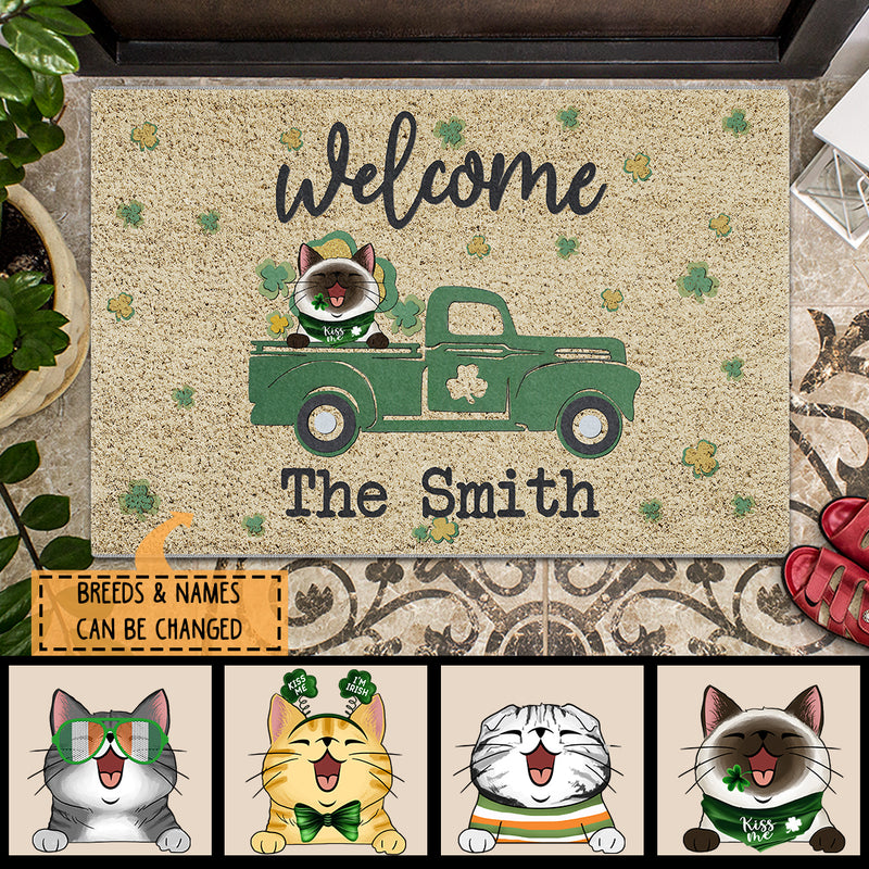 St. Patrick's Day Personalized Doormat, Gifts For Cat Lovers, Welcome Cats In Green Truck Outdoor Door Mat