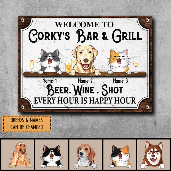 Pawzity Metal Backyard Bar & Grill Sign, Gifts For Pet Lovers, Beer Wine Shots Every Hour Is Happy Hour Vintage Signs