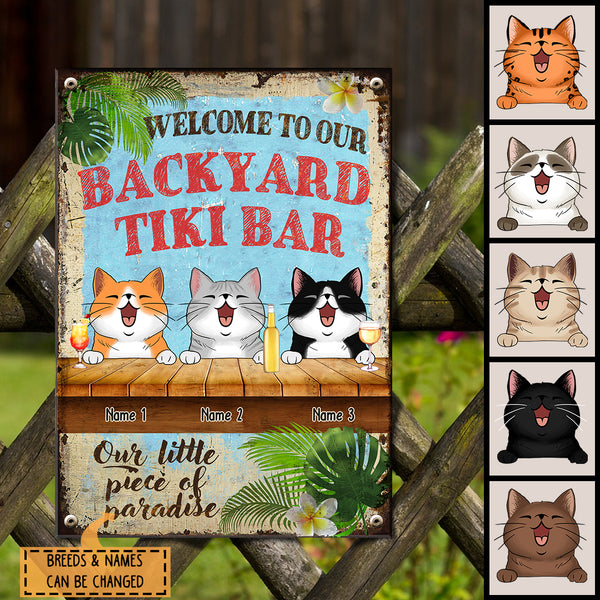 Pawzity Metal Backyard Tiki Bar Signs, Gifts For Cat Lovers, Our Little Piece of Paradise Welcome Signs