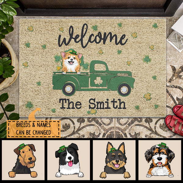 St. Patrick's Day Personalized Doormat, Gifts For Dog Lovers, Welcome Dogs In Green Truck Outdoor Door Mat