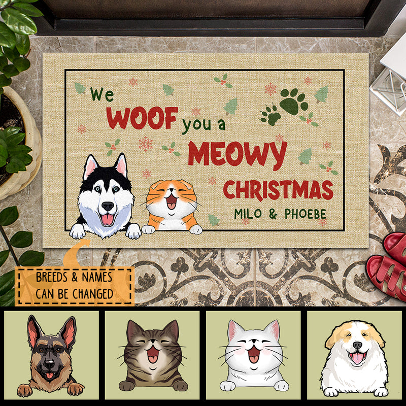 Christmas Personalized Doormat, Gifts For Pet Lovers, We Woof You A Meowy Christmas Holiday Doormat