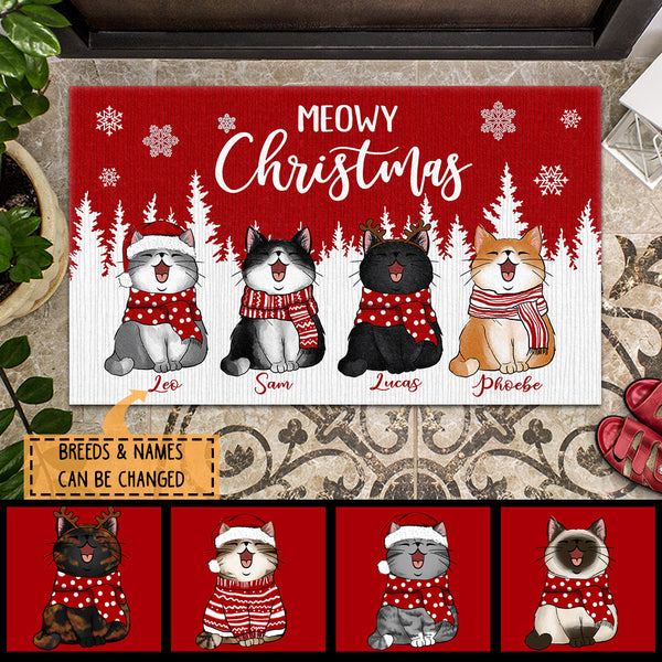 Christmas Personalized Doormat, Gifts For Cat Lovers, Meowy Christmas White Forest Front Door Mat
