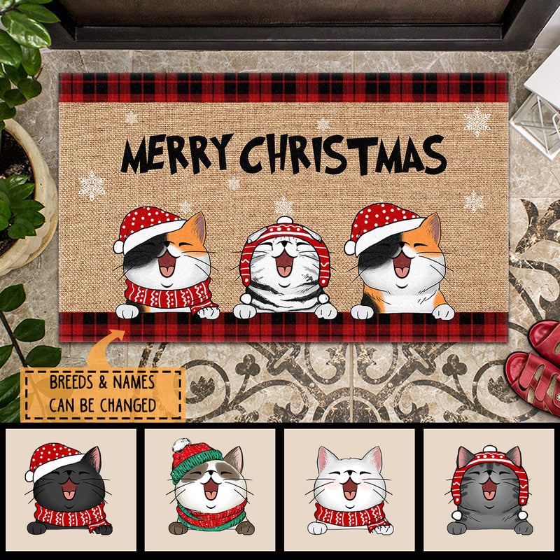 Christmas Custom Doormat, Gifts For Cat Lovers, Merry Christmas Buffalo Plaid Front Door Mat
