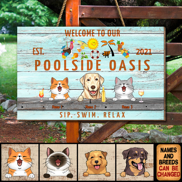 Pawzity Custom Wooden Signs, Gifts For Pet Lovers, Poolside Oasis Sip Swim Relax Hawaii Style Rectangle Welcome Signs