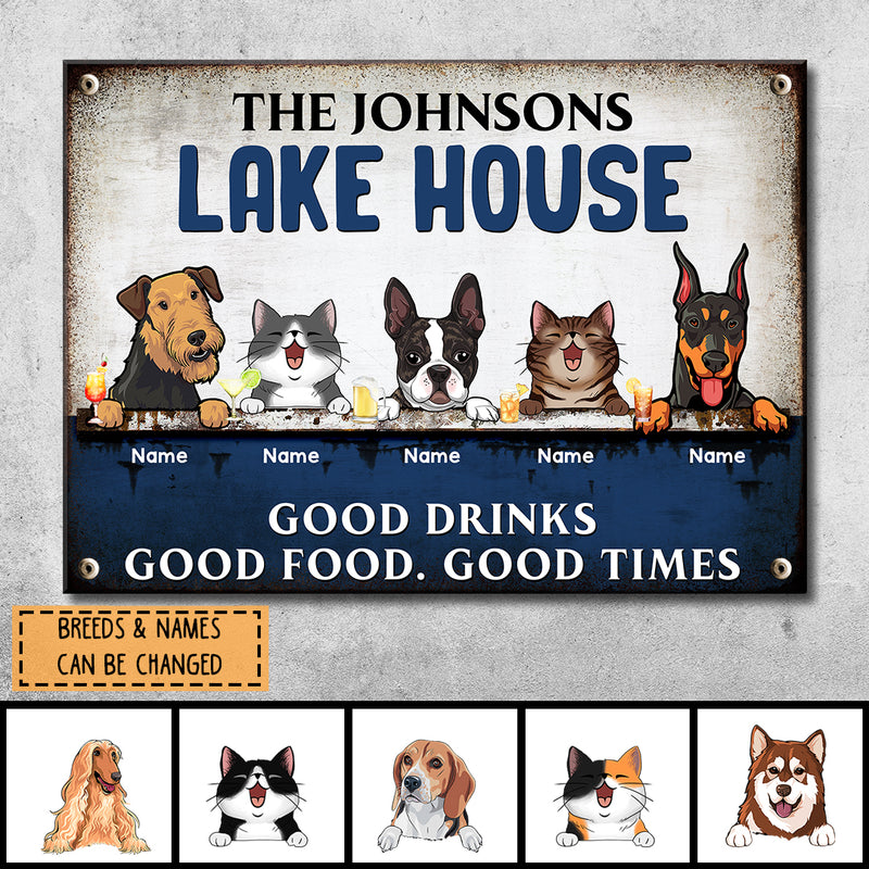 Pawzity Metal Lake House Sign, Gifts For Pet Lovers, Good Drinks Good Food Good Times Personalized Family Sign