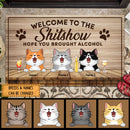 Pawzity Welcome To The Shitshow Custom Doormat, Gifts For Cat Lovers, Hope You Brought Alcohol Vintage Front Door Mat