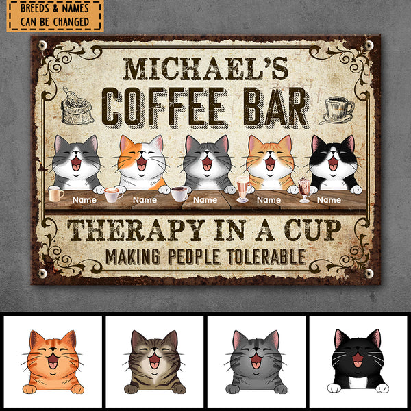 Pawzity Metal Coffee Bar Sign, Gifts For Cat Lovers, Therapy In A Cup Making People Tolerable Vintage Metal Signs