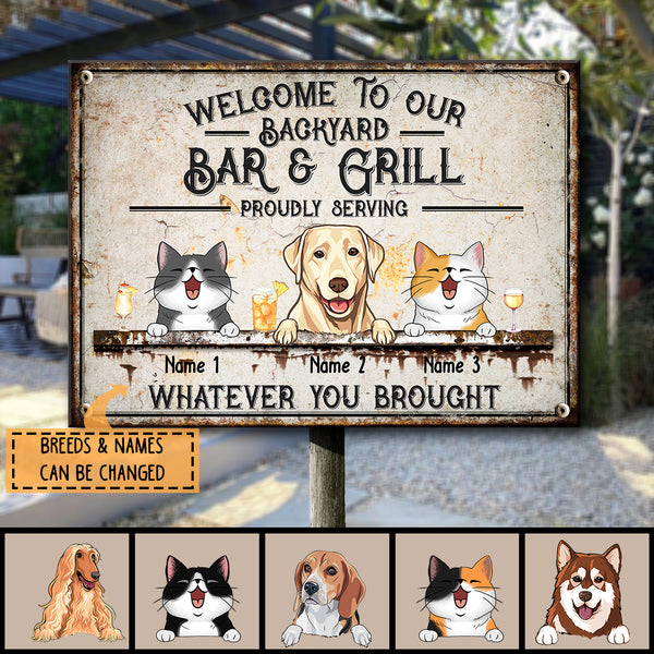 Pawzity Metal Backyard Bar & Grill Sign, Gifts For Pet Lovers, Proudly Serving Whatever You Brought Vintage Signs