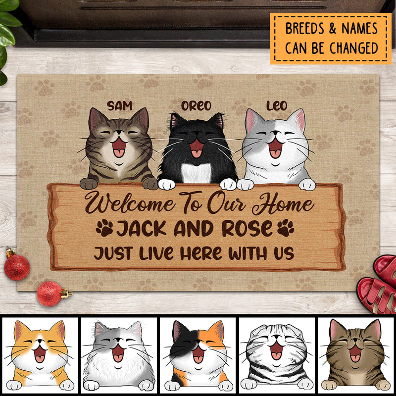 Pawzity Welcome To Our Home Personalized Doormat, Gifts For Cat Lovers, Cats On Wooden Sign Front Door Mat