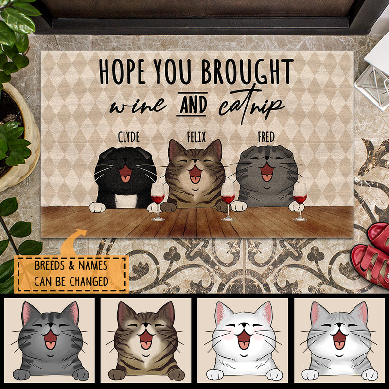 Pawzity Custom Doormat, Gifts For Cat Lovers, Hope You Brought Wine & Catnip Diamond Pattern Outdoor Door Mat
