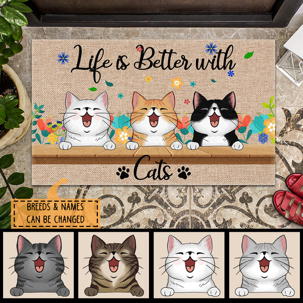 Pawzity Custom Doormat, Gifts For Cat Lovers, Life Is Better With Cats Flower Front Door Mat