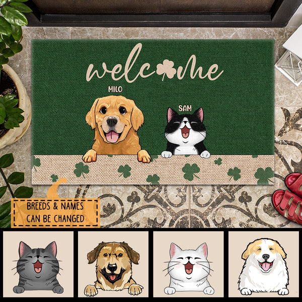 St. Patrick's Day Welcome Mat, Gifts For Pet Lovers, Shamrock Green Background Outdoor Door Mat