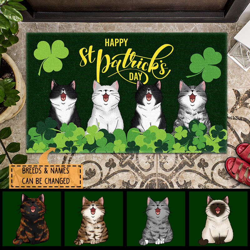 St. Patrick's Day Personalized Doormat, Gifts For Cat Lovers, Cats In Pile Of Shamrocks Outdoor Door Mat