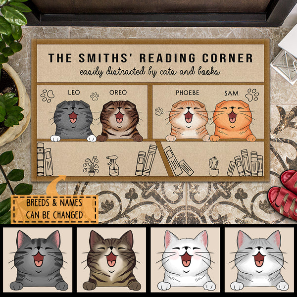 Pawzity Custom Doormat, Gifts For Cat Lovers, My Reading Corner Easily Distracted By The Cats And Books Front Door Mat