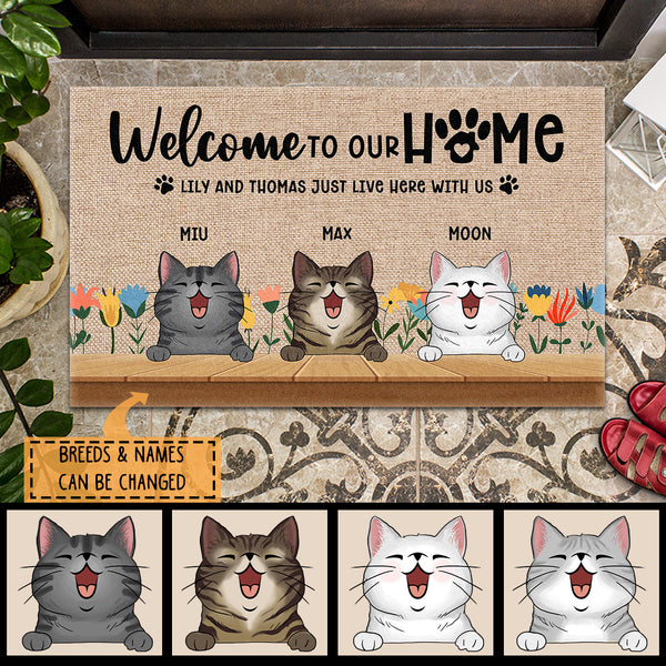 Pawzity Welcome To Our Home Custom Doormat, Gifts For Cat Lovers, The Humans Just Live Here With Us Welcome Mat