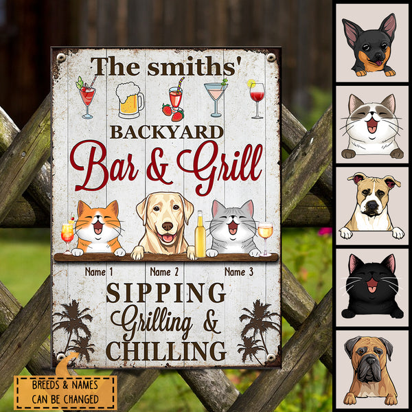 Pawzity Metal Backyard Bar & Grill Sign, Gifts For Pet Lovers, Sipping Grilling & Chilling Drink Personalized Home Signs