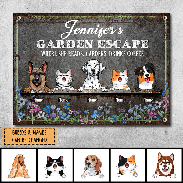 Pawzity Metal Garden Sign, Gifts For Pet Lovers, Garden Escape When She Reads Gardens Drinks Coffee Flowers Vintage Signs