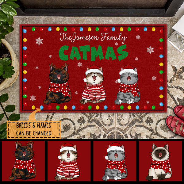 Christmas Personalized Doormat, Gifts For Cat Lovers, Catmas Xmas Lights Red Front Door Mat