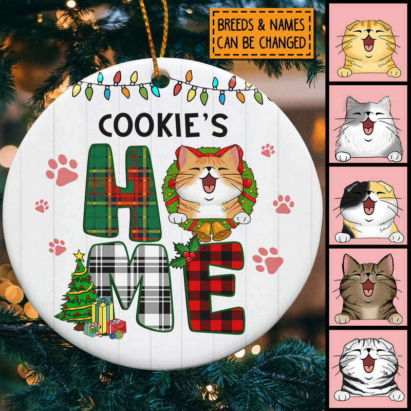 Home, Plaid Bauble, Personalized Cat Breed Circle Ceramic Ornament, Xmas Gifts For Cat Lovers, Christmas Tree Decor