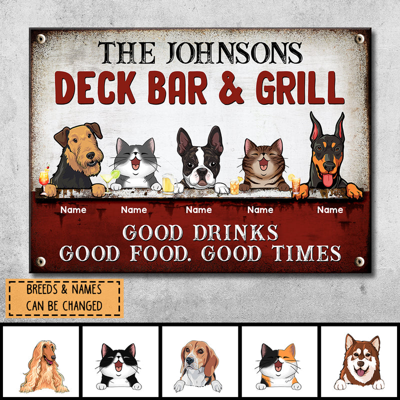 Pawzity Metal Deck Bar & Grill Sign, Gifts For Pet Lovers, Good Drinks Good Food Good Times Personalized Family Sign