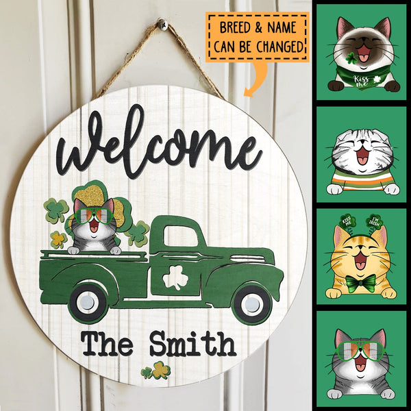 St. Patrick's Day Welcome Door Signs, Gifts For Cat Lovers, Vintage Truck Round Welcome Sign , Cat Mom Gifts