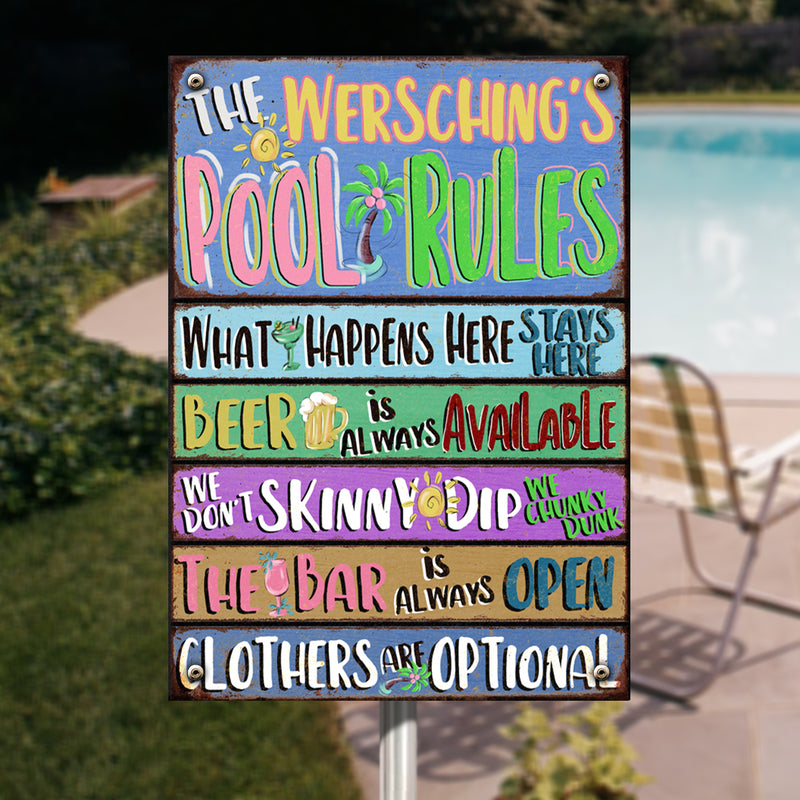 Pawzity Metal Pool Signs, Gifts For Family, We Don't Skinny Dip We Chunky Dunk The Bar Is Always Open Pool Rules Sign
