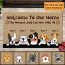 Pawzity Welcome To Our Home Personalized, Gifts For Pet Lovers, Dog Peeking From Curtain Outdoor Door Mat