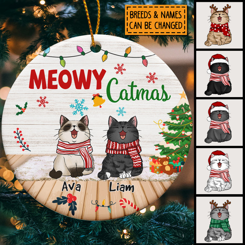 Meowy Catmas, Personalized Cat Breeds Circle Ceramic Ornament, Xmas Gifts For Cat Lovers, Christmas Tree Decor