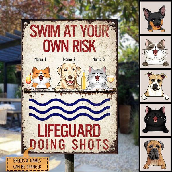 Pawzity Metal Pool Sign, Gifts For Pet Lovers, Swim At Your Risk Lifeguard Doing Shots Funny Signs