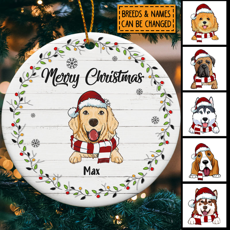 Merry Christmas, Leaf Wreath, Personalized Dog Breeds Circle Ceramic Ornament, Xmas Gifts For Dog Lovers, Tree Decor
