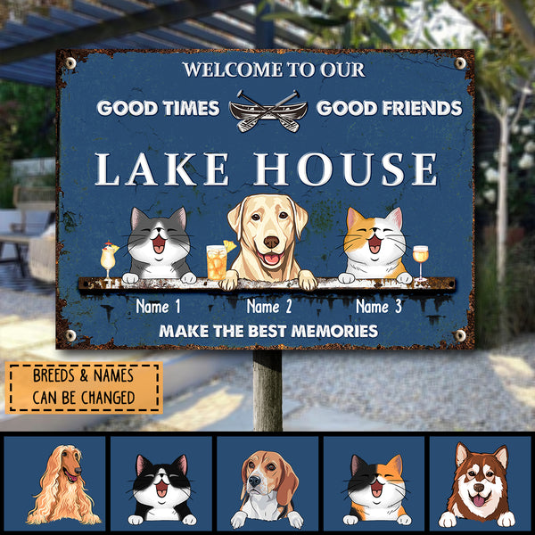 Pawzity Metal Lake House Sign, Gifts For Pet Lovers, Good Times Good Friends Make The Best Memories Blue Welcome Signs