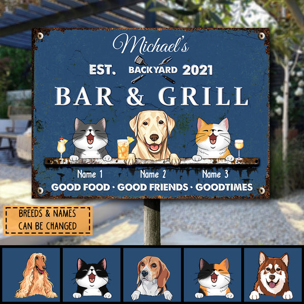 Pawzity Metal Backyard Bar & Grill Sign, Gifts For Pet Lovers, Good Food Good Friends Good Times Blue Bar Signs