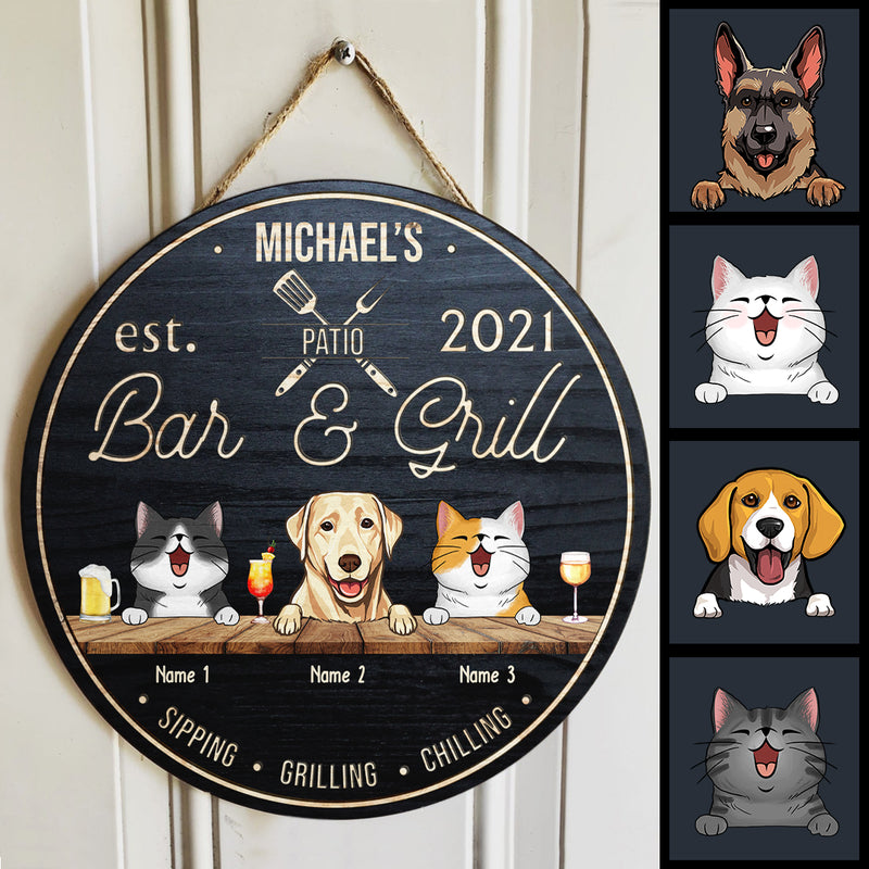 Pawzity Patio Signs, Gifts For Pet Lovers, Patio Bar & Grill Sipping Grilling Chilling Custom Wooden Signs