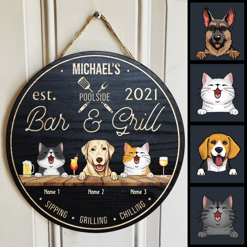Pawzity Pool Signs, Gifts For Pet Lovers, Poolside Bar & Grill Sipping Grilling Chilling Custom Wooden Signs